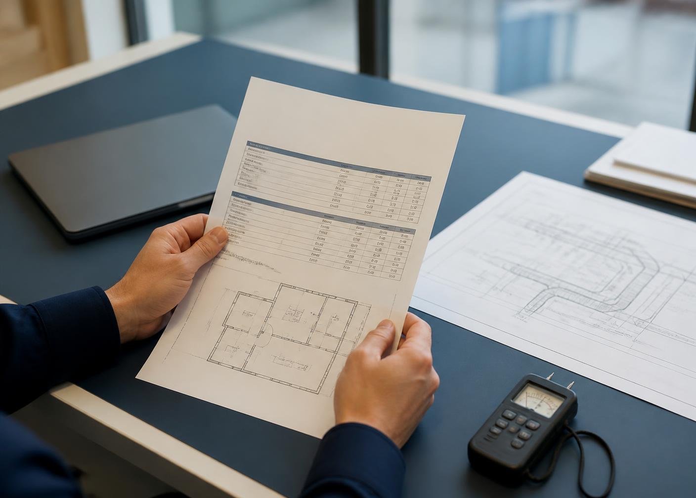 Reviewing a written assessment report with data tables and a floor-plan diagram beside a ventilation drawing